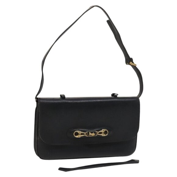 CELINE Shoulder Bag Leather Navy Gold Auth - Picture 1 of 16